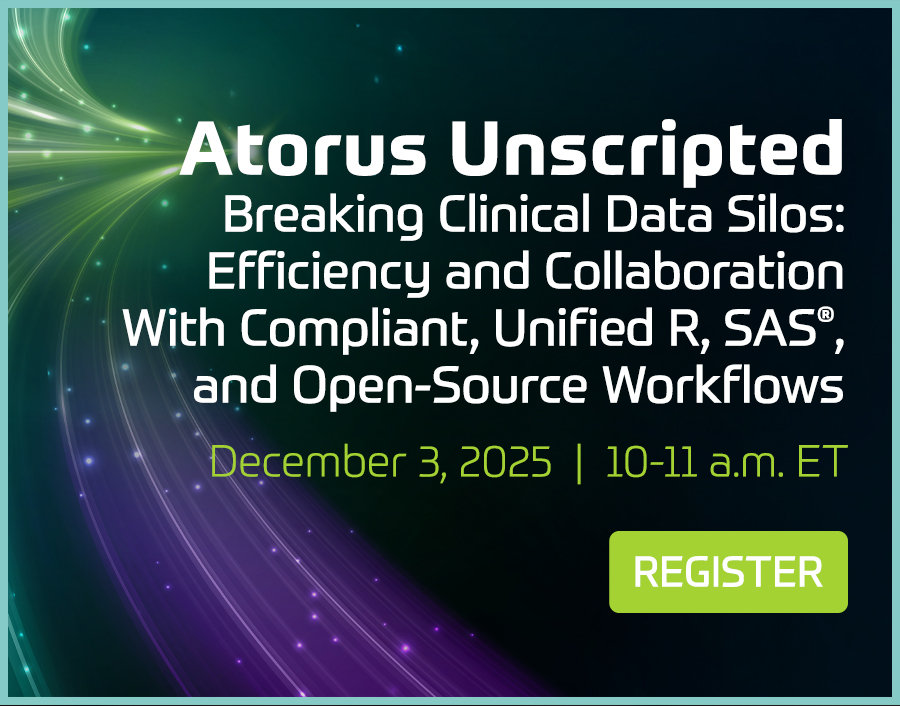 Promotional banner for an Atorus Unscripted webinar titled “Breaking Clinical Data Silos: Efficiency and Collaboration With Compliant, Unified R, SAS®, and Open-Source Workflows.” The event is scheduled for December 3, 2025, from 10–11 a.m. ET. A green “Register” button is displayed at the bottom right. The background features swirling green and purple light trails on a dark gradient backdrop.